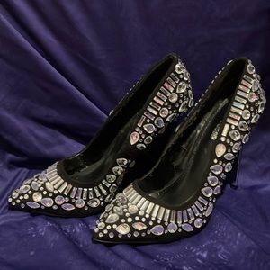 Black suede heels with silver rhinestones